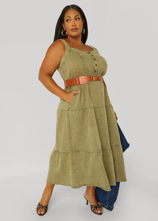 Plus Size Flounced Denim Maxi Dress