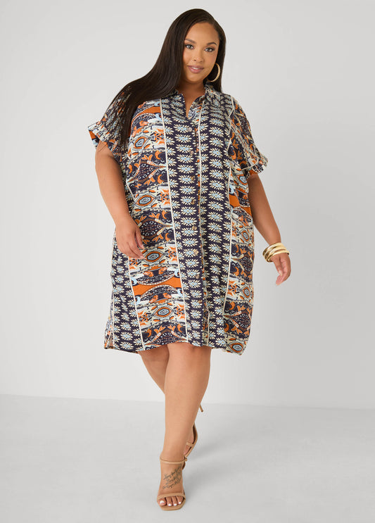 Cuffed Paisley Print Shirtdress