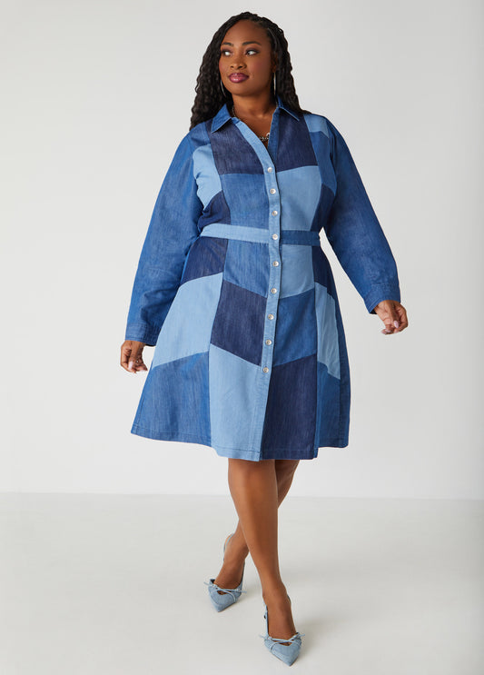 Plus Size Patchwork Denim Shirtdress