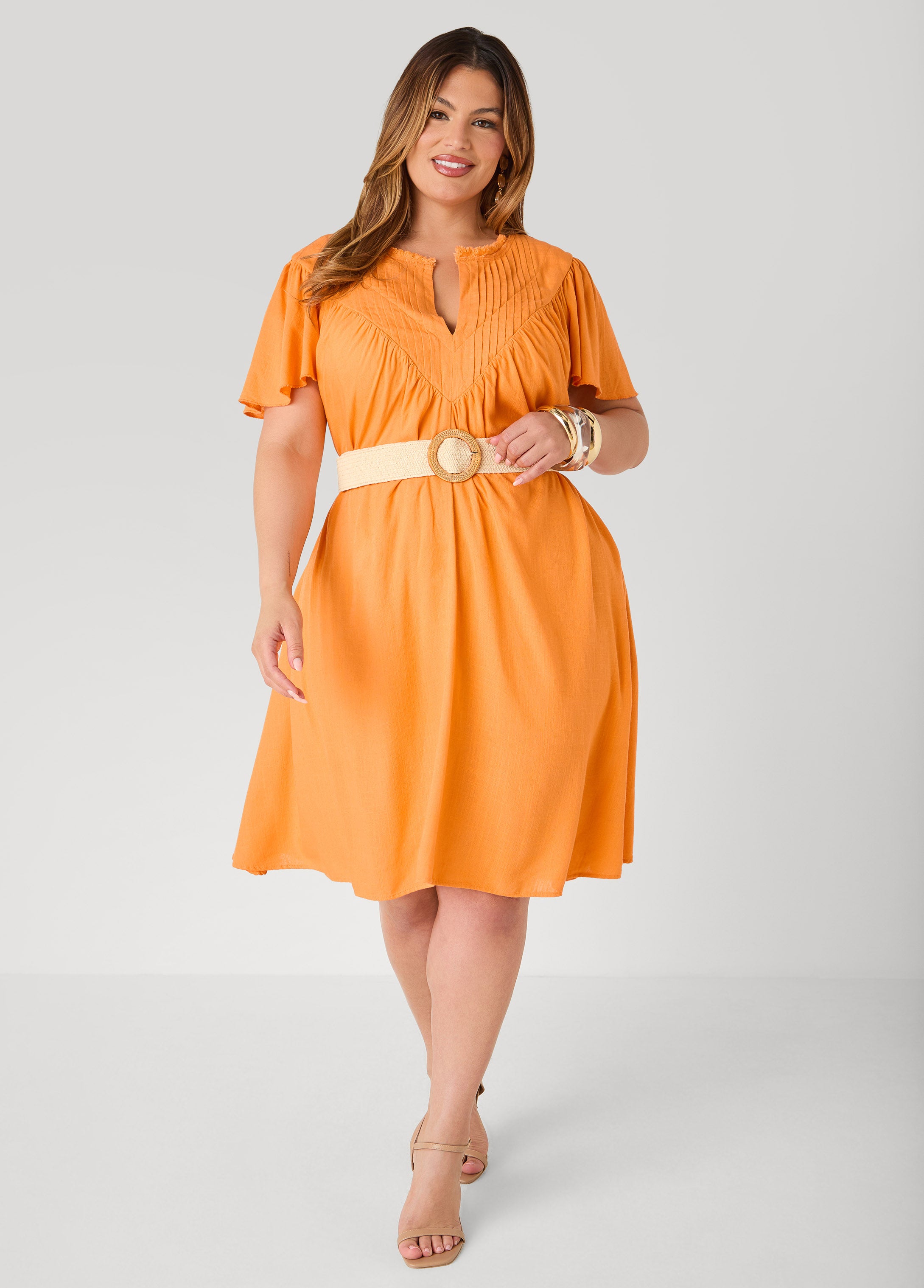 Belted Pintucked Linen Blend Dress