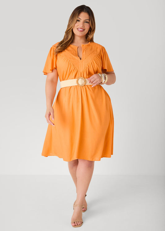 Belted Pintucked Linen Blend Dress