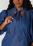 Studded Puff Sleeve Chambray Dress