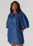 Studded Puff Sleeve Chambray Dress