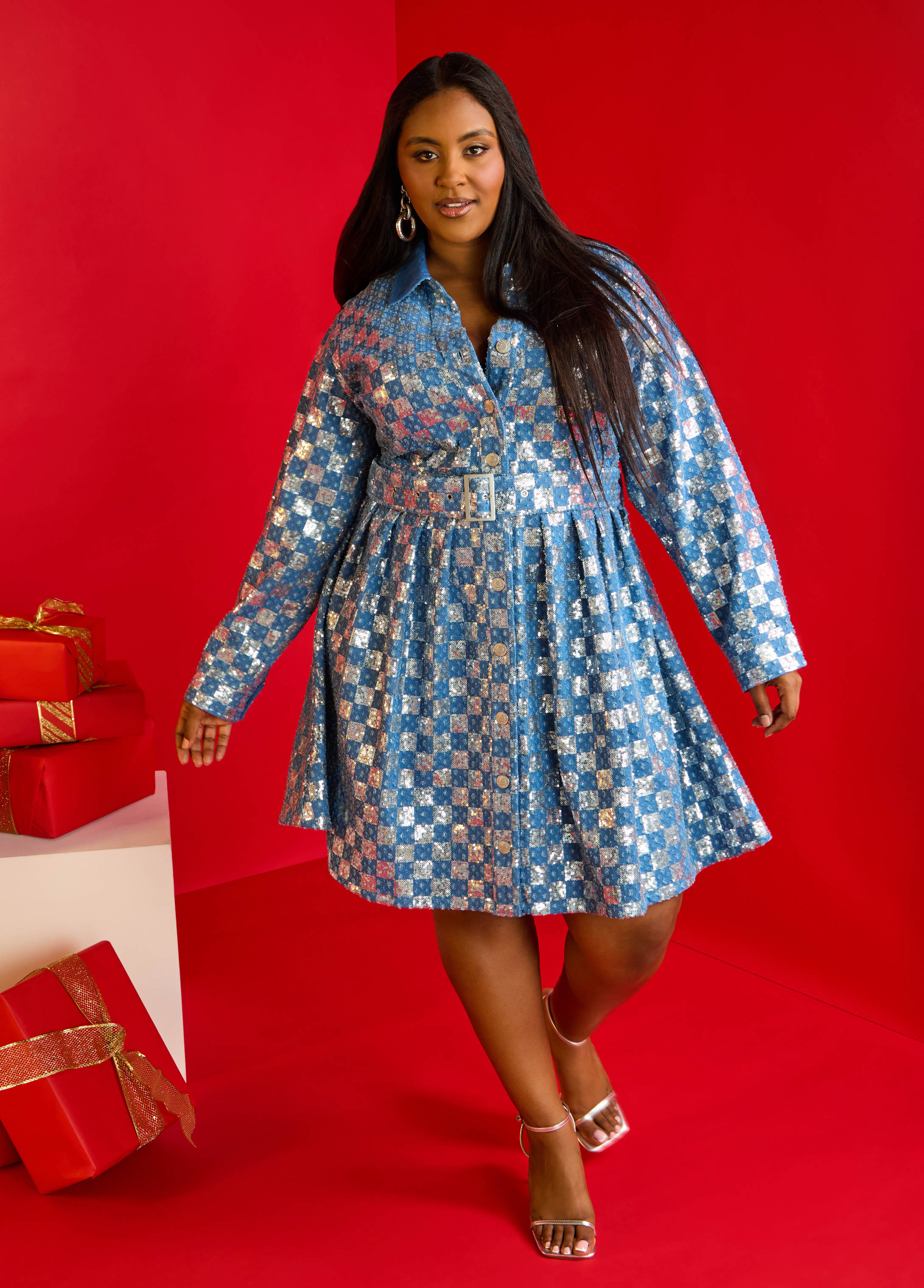Plus Size Sequined Checked Denim Shirtdress