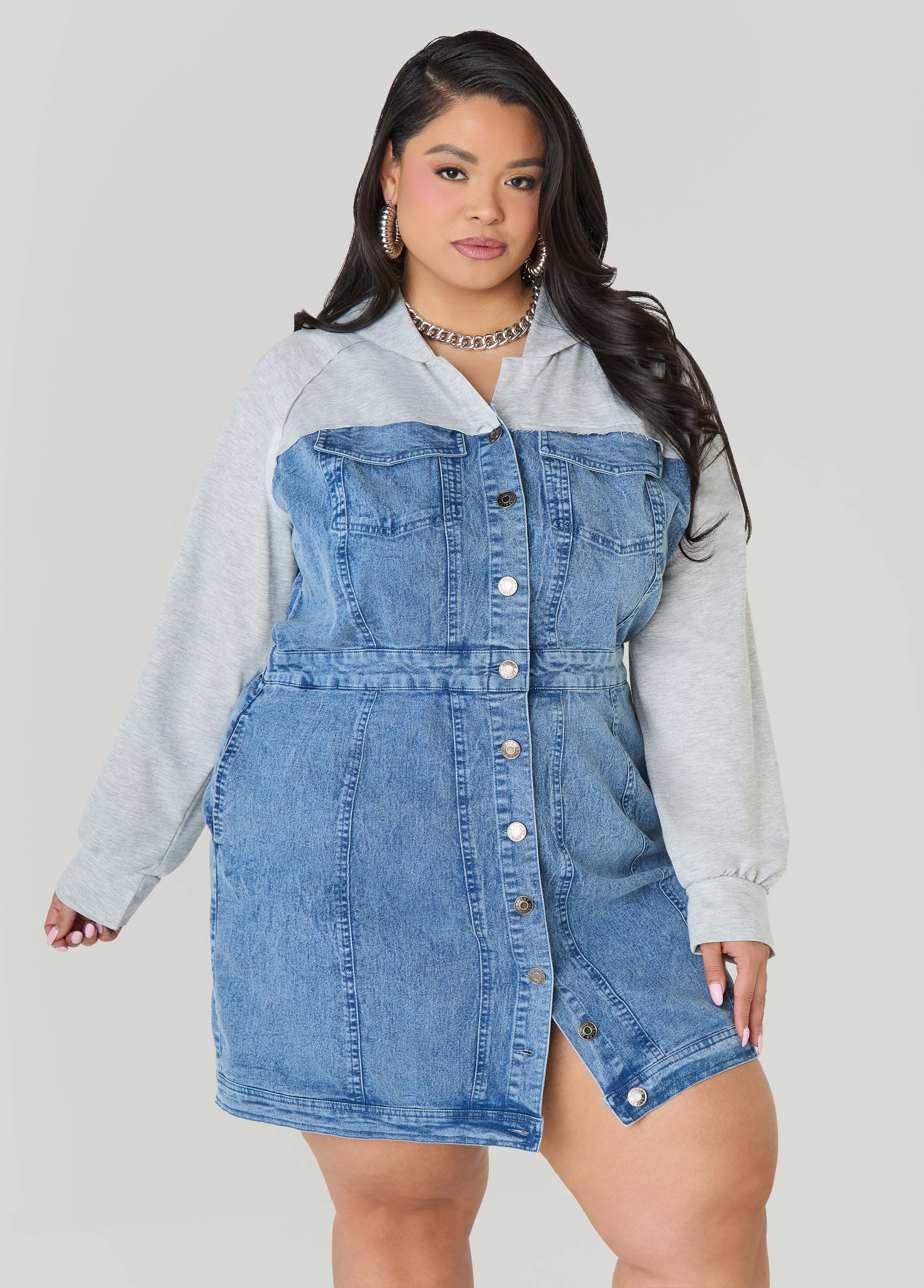 Terry Paneled Denim Bodycon Dress