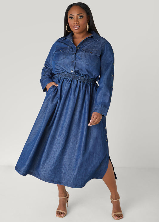 Snap Detailed Chambray Shirtdress
