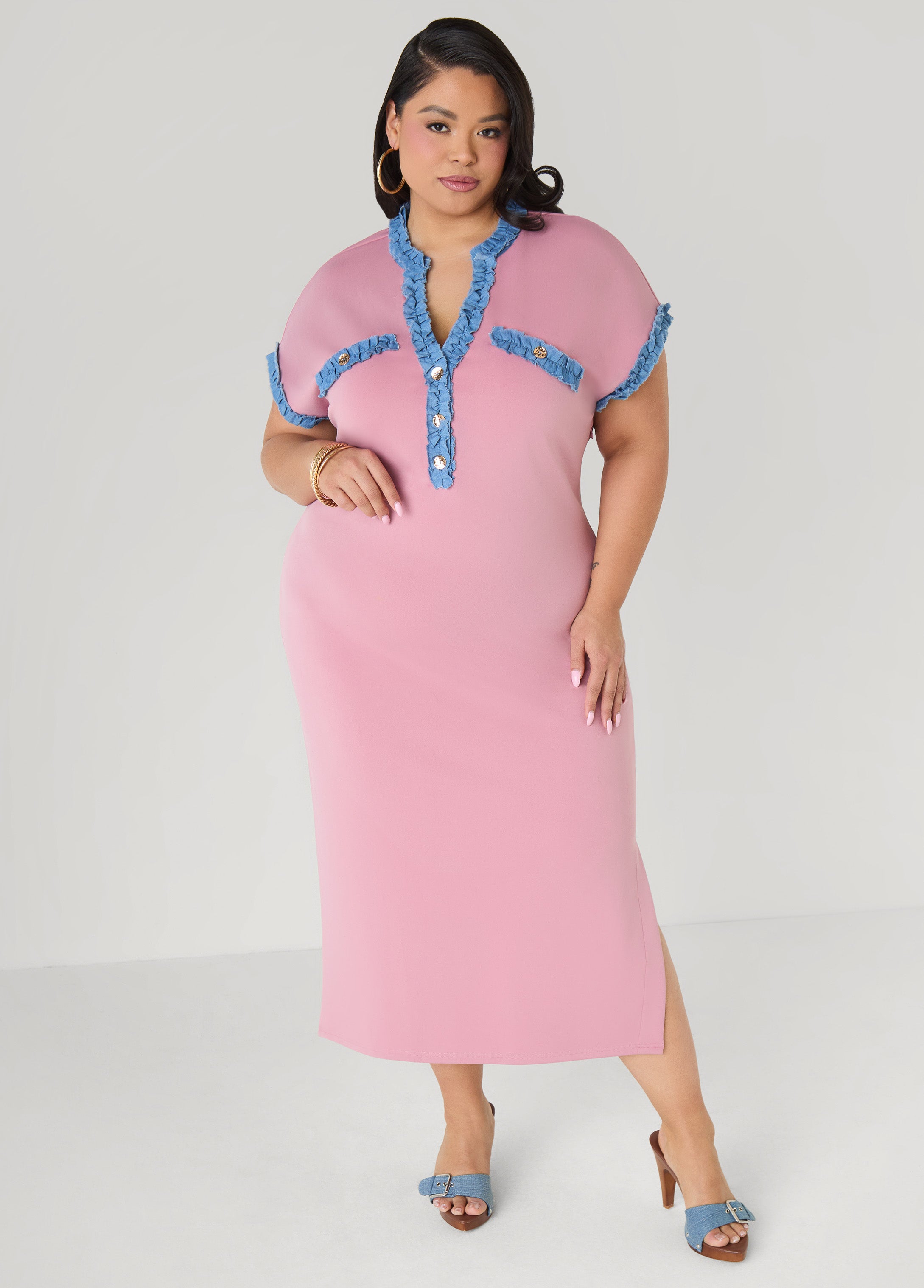 Denim Trimmed Bodycon Maxi Dress