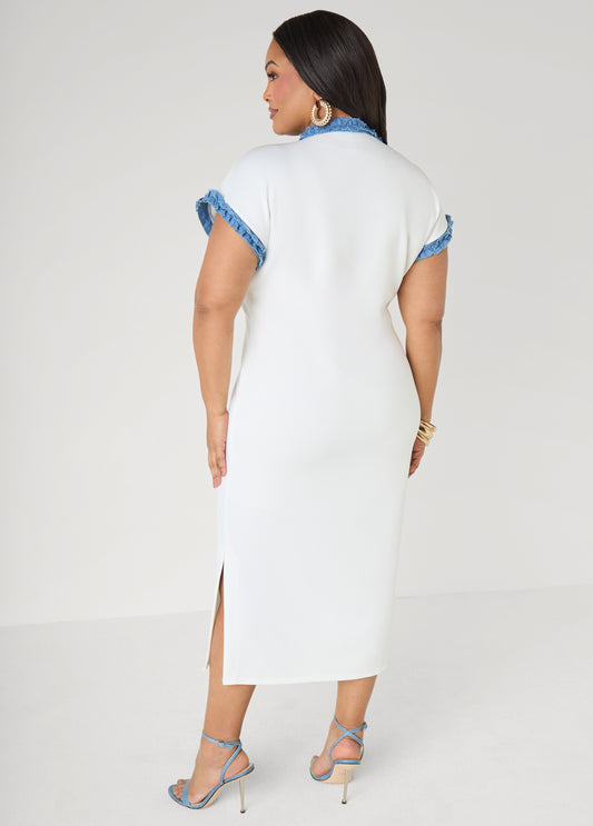 Denim Trimmed Maxi Bodycon Dress