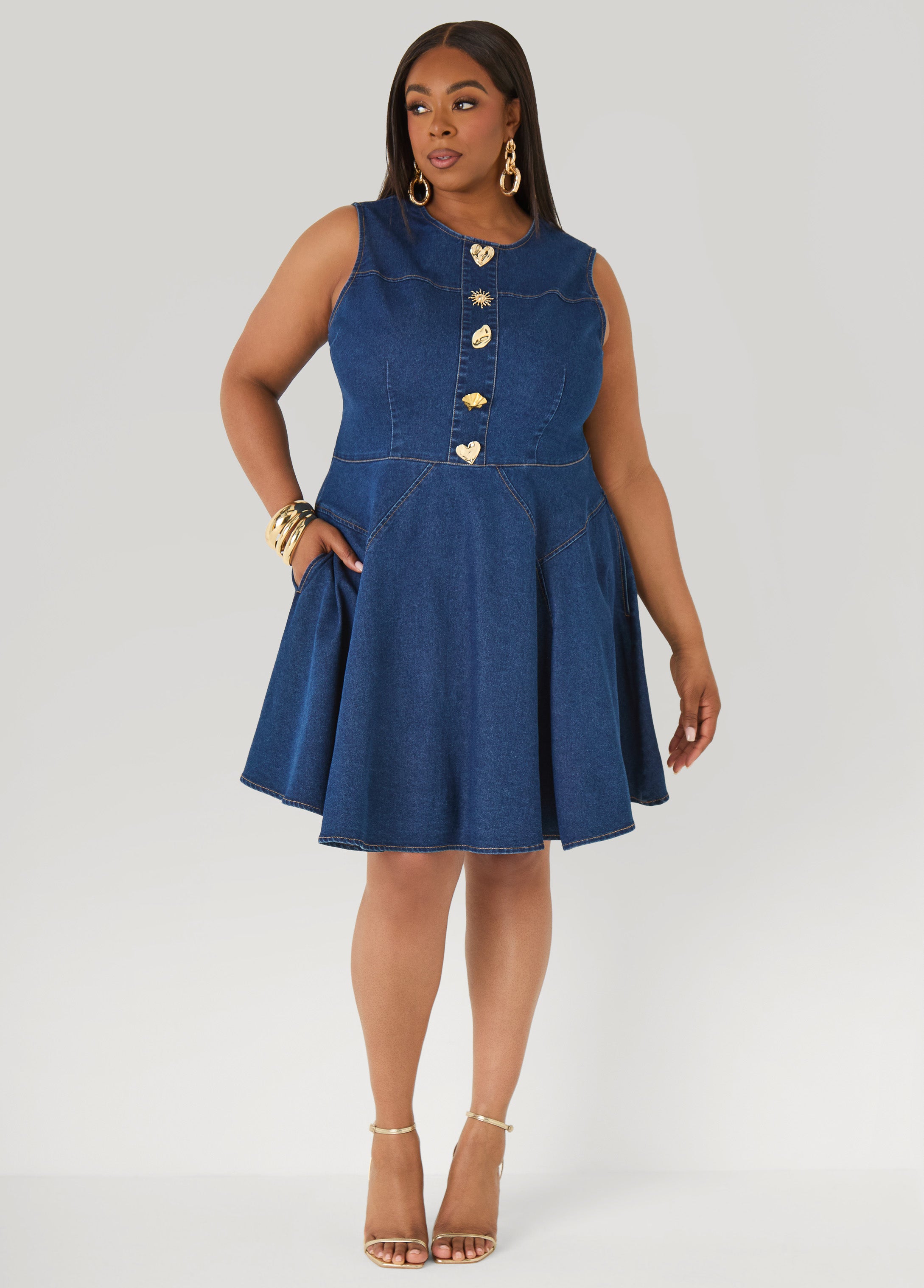 Plus Size Dark Wash Denim Dress A Line Sleeveless Jean Dress