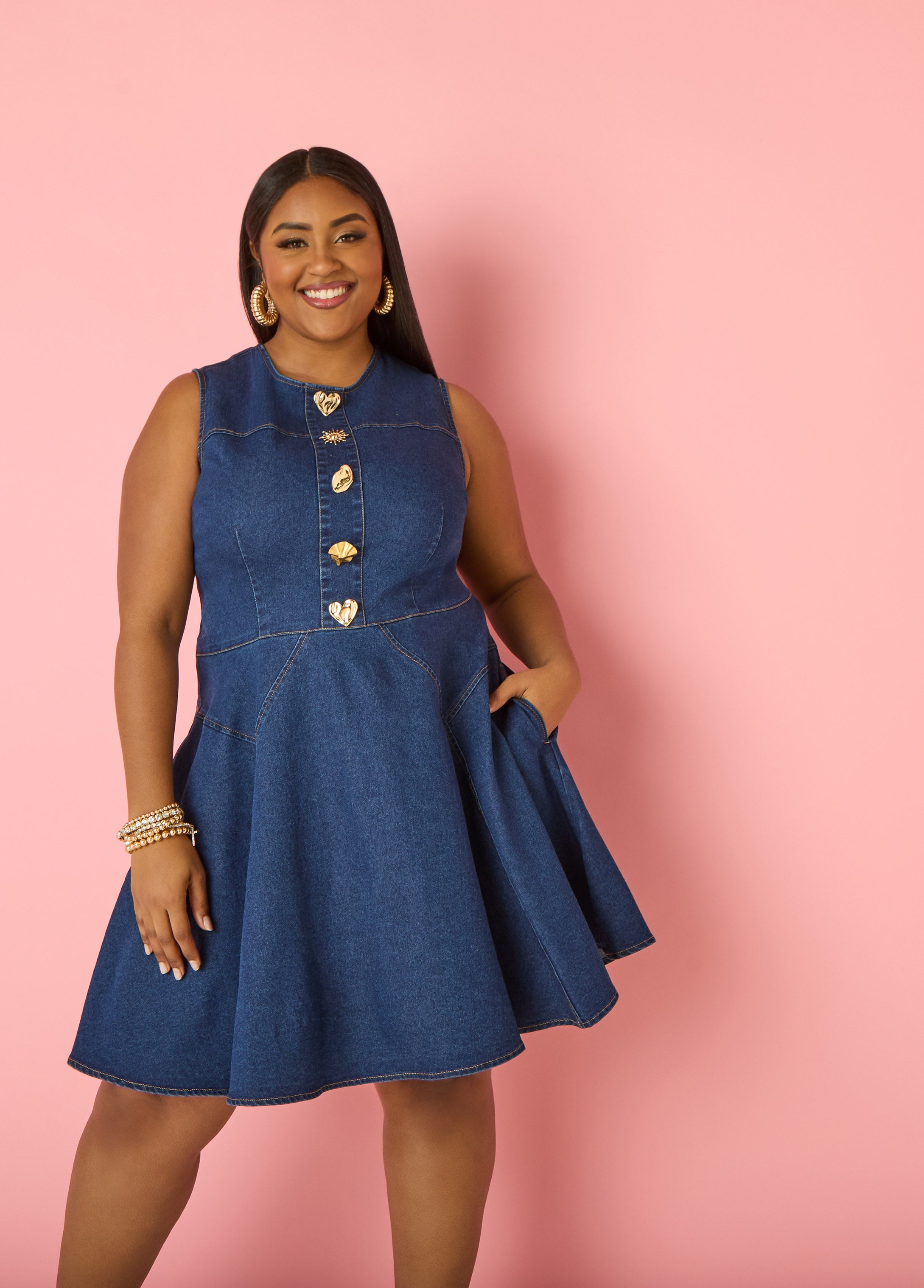 Button Embellished Denim Dress Ashley Stewart Button Embellished Denim Dress Ashley Stewart