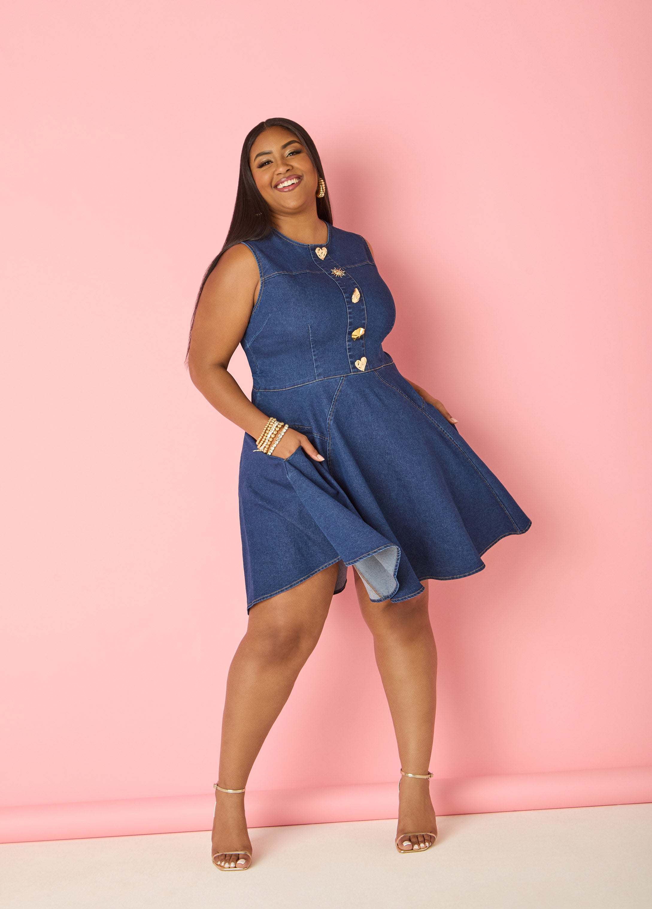 Plus Size Dark Wash Denim Dress A Line Sleeveless Jean Dress