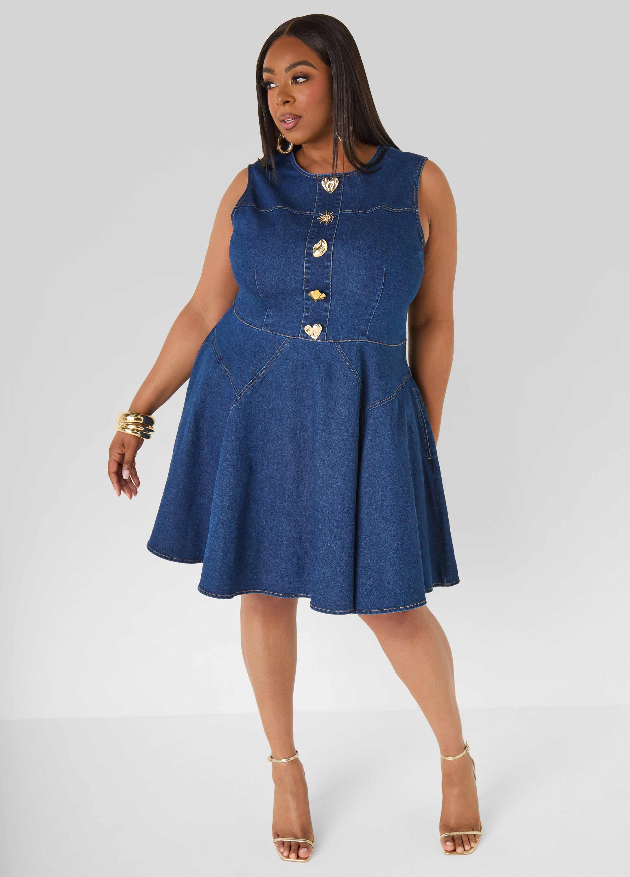 Button Embellished Denim Dress Ashley Stewart Button Embellished Denim Dress Ashley Stewart