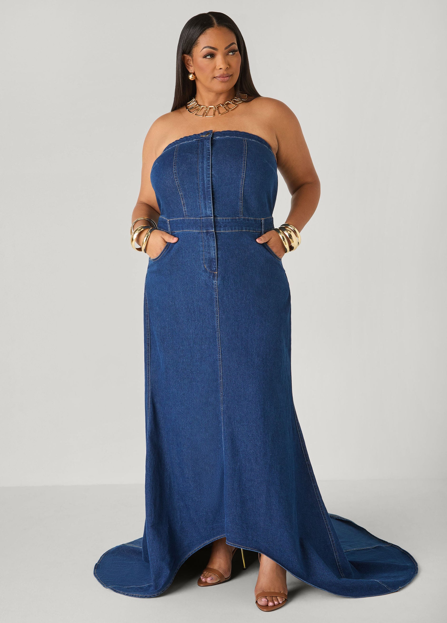 Strapless Denim Paneled Maxi Dress – Ashley Stewart