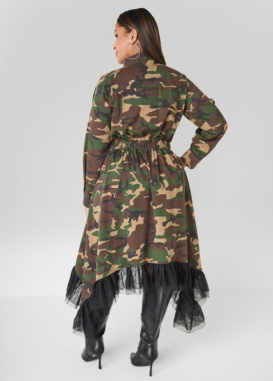 Tulle Trimmed Camo Midi Dress
