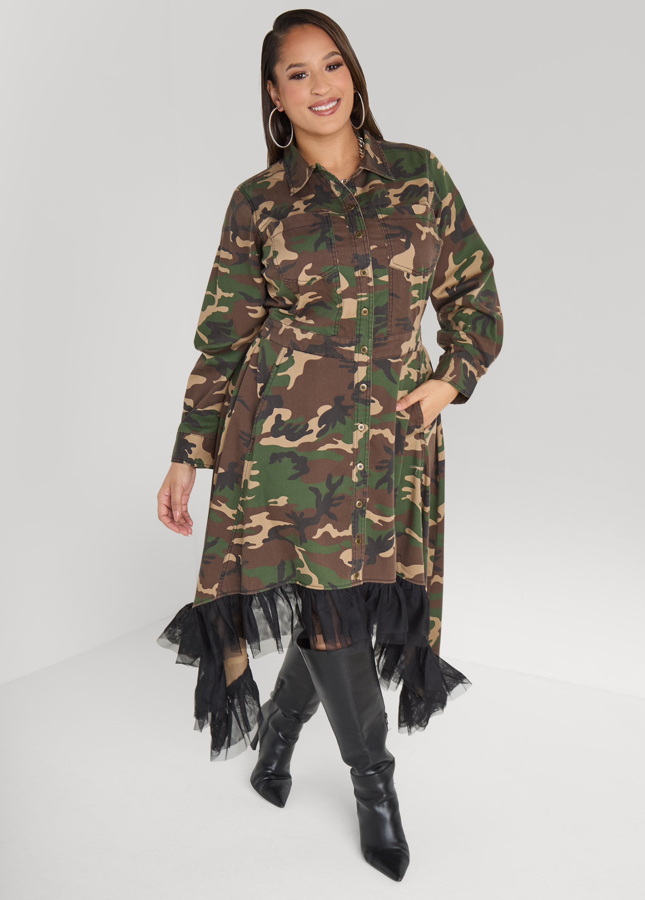 Tulle Trimmed Camo Midi Dress