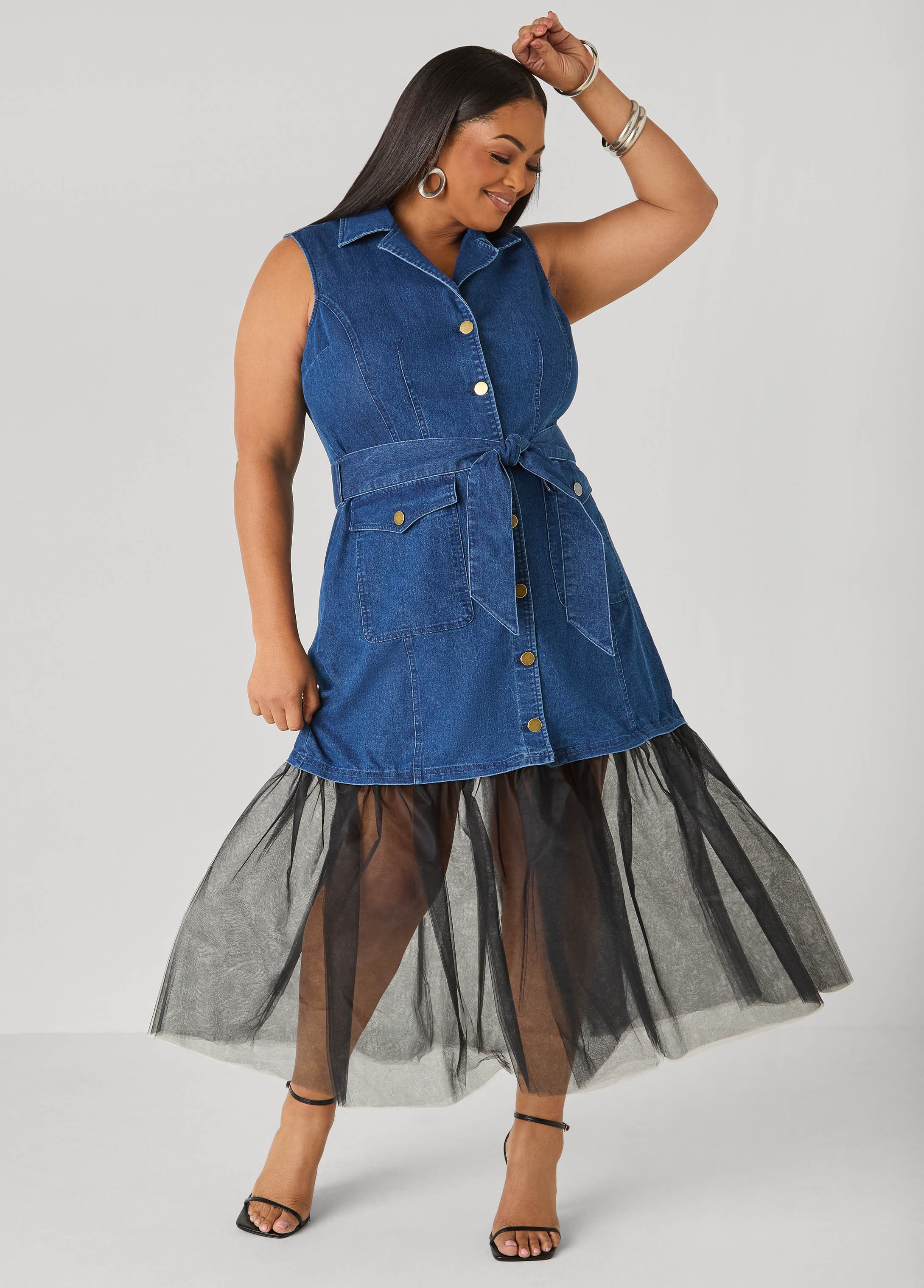denim tiered maxi dress Women's Wrangler Skirt inspired neckline Adjustable waist belt with western Sienna Maxi s/l - faux