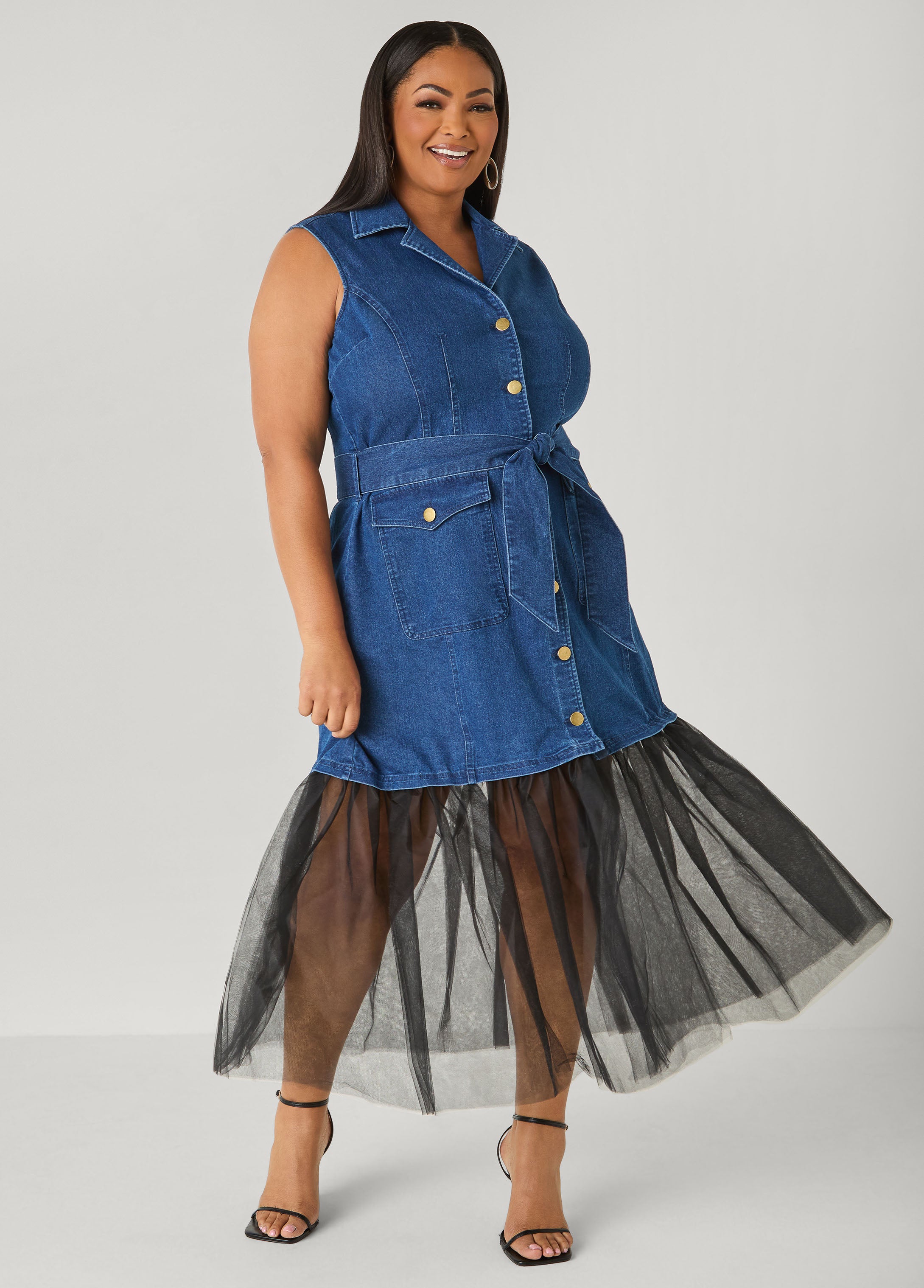 Tulle Paneled Denim Maxi Dress