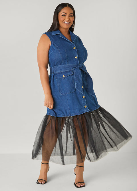 ashley stewart blue jean dresses Tulle Paneled Denim Maxi Dress – Its a white hot _okendo:syndication_key:CL132029002 ARRANGE cowl neck asymmetric Army Rank:W-3 Warrant Officer 3