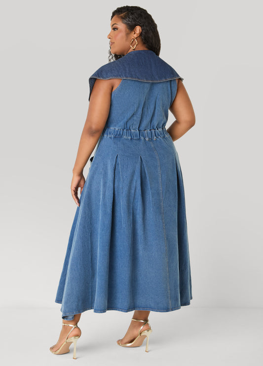 Shawl Collar Paneled Denim Dress