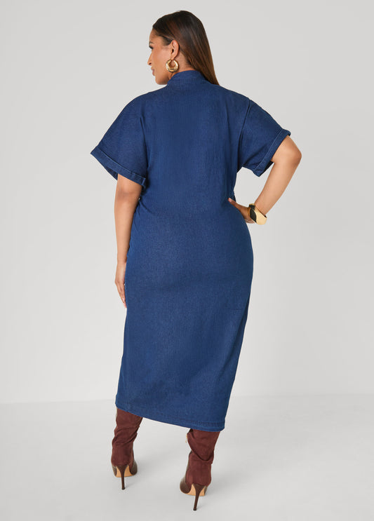 Ruched Denim Maxi Shirtdress