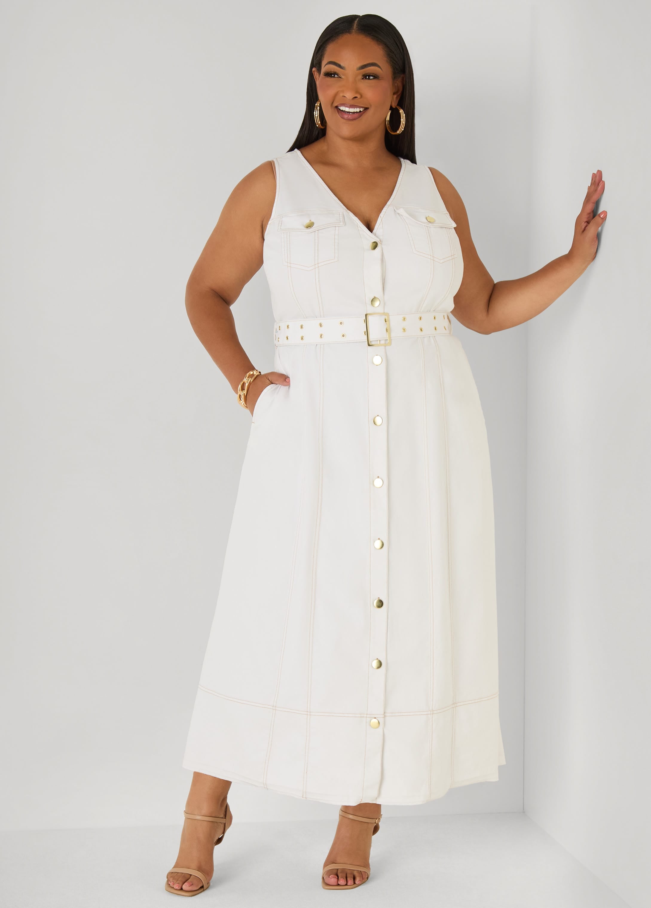 Belted Denim Maxi Shirtdress – Ashley Stewart