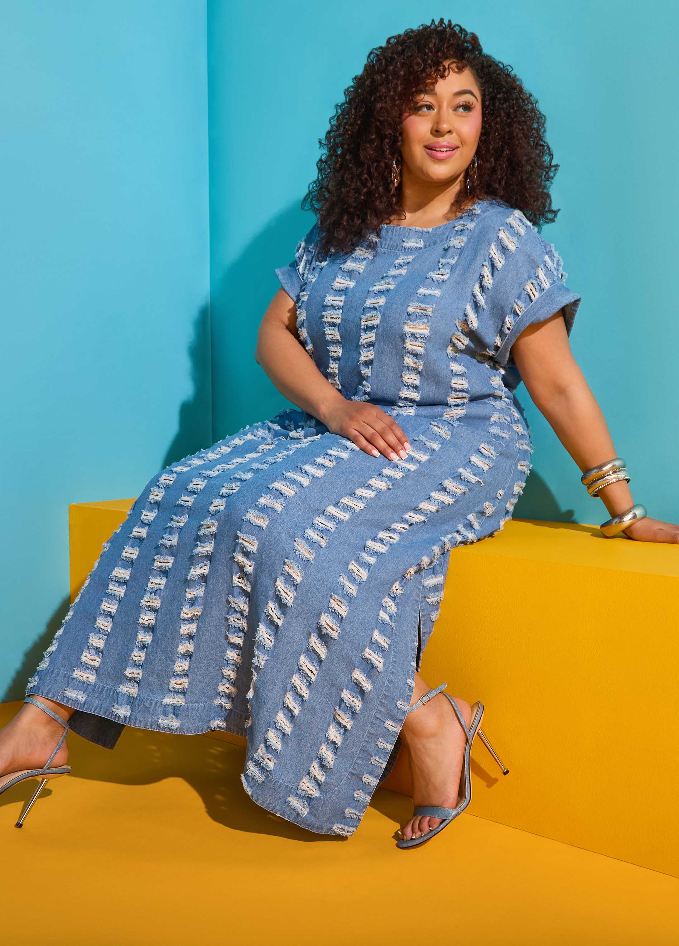 Distressed Denim Maxi Dress – Ashley Stewart