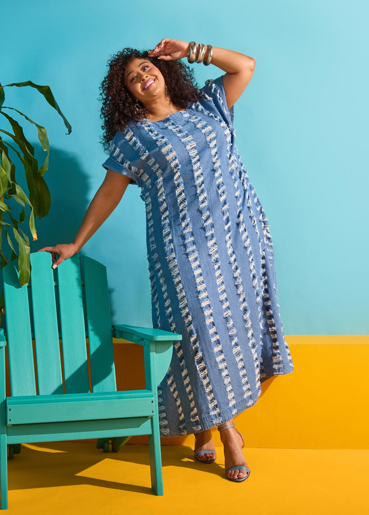 Distressed Denim Maxi Dress – Ashley Stewart