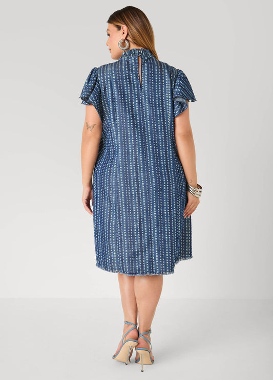 Printed Keyhole Chambray Dress