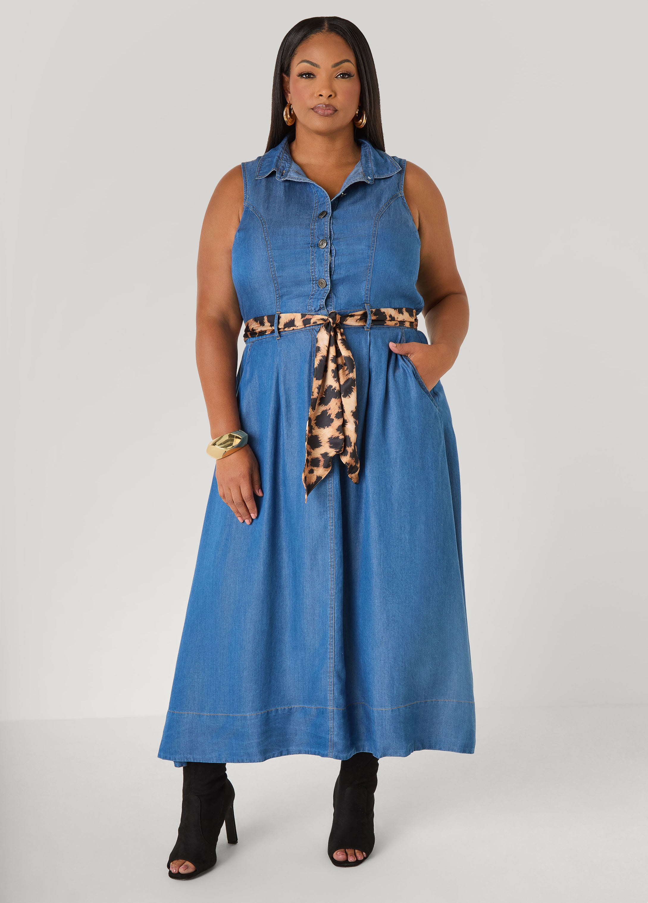 Leopard Scarf Chambray Shirtdress