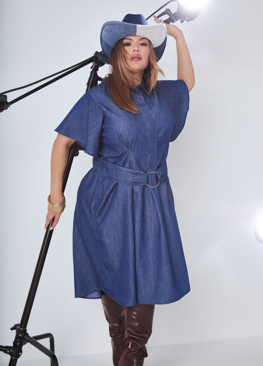 Belted Chambray Hi Low Dress