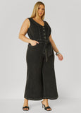 Belted Denim Wide Leg Jumpsuit