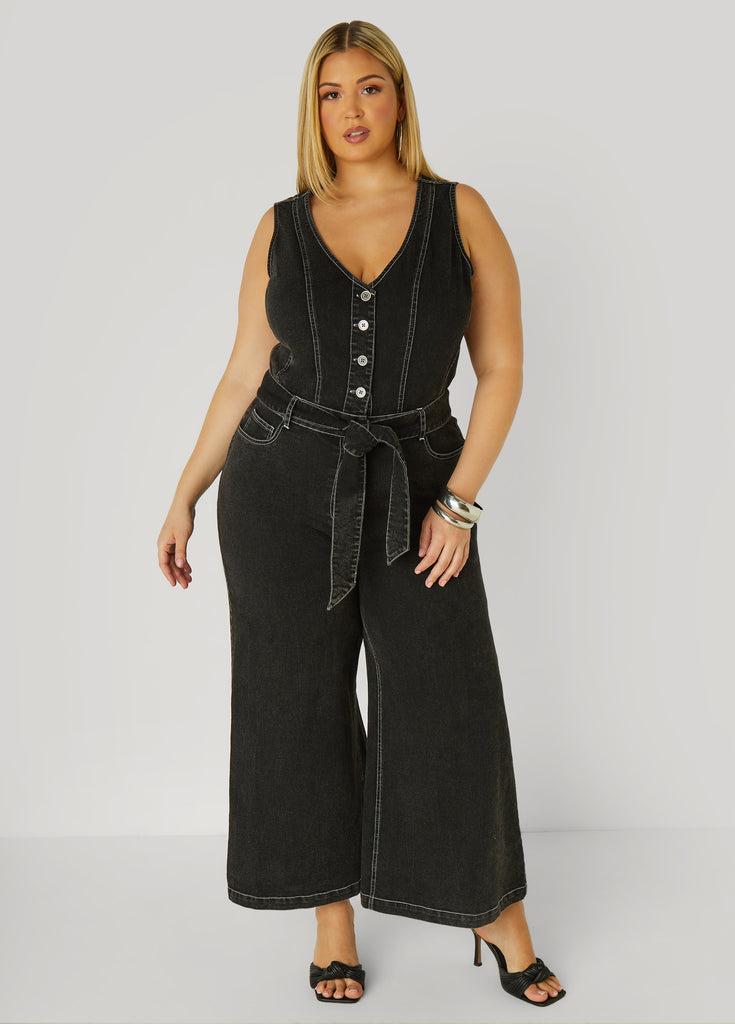 Belted Denim Wide Leg Jumpsuit – Ashley Stewart Belted Denim Wide Leg Jumpsuit – Ashley Stewart