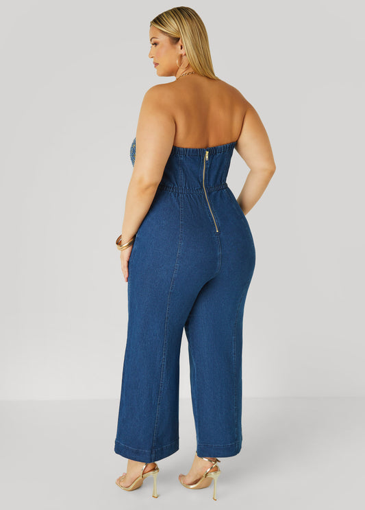 Strapless Sequined Denim Jumpsuit