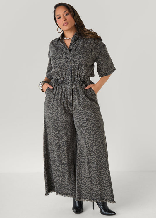 Leopard Denim Wide Leg Jumpsuit