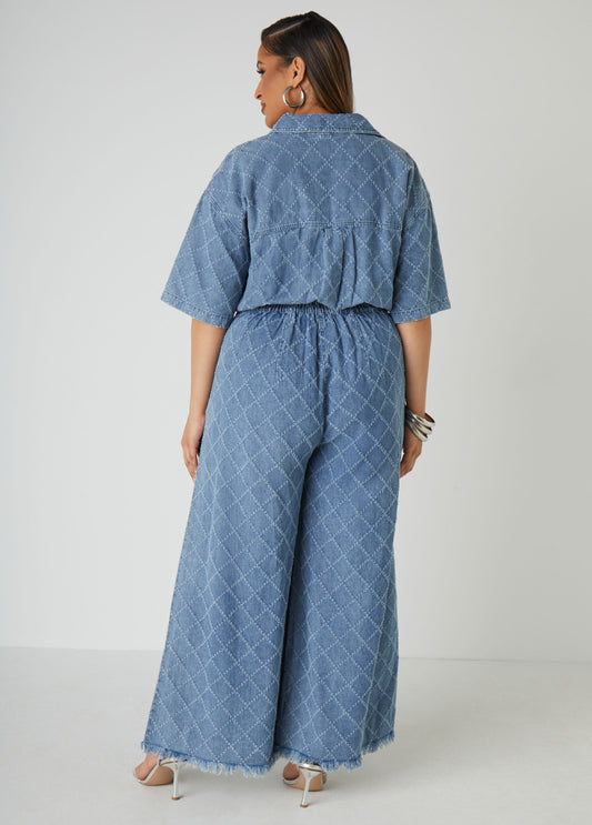 Textured Denim Wide Leg Jumpsuit