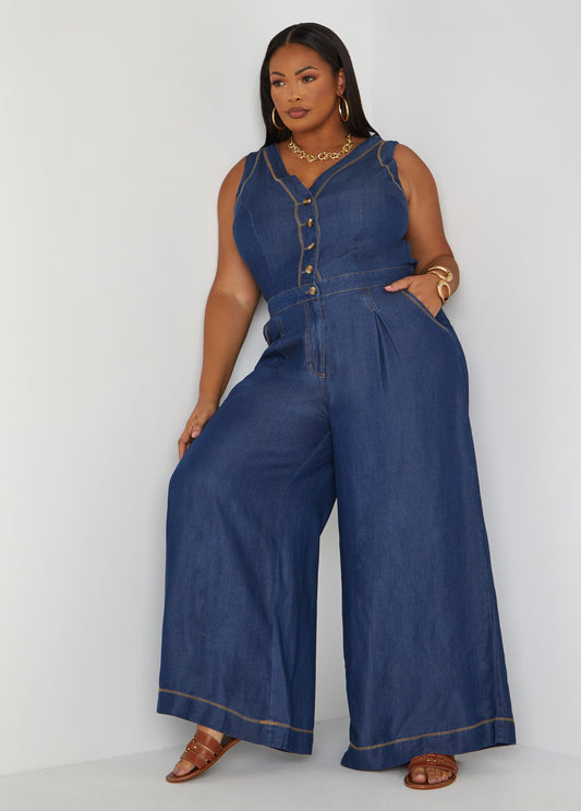 Plus Size Wide Leg Chambray Jumpsuit