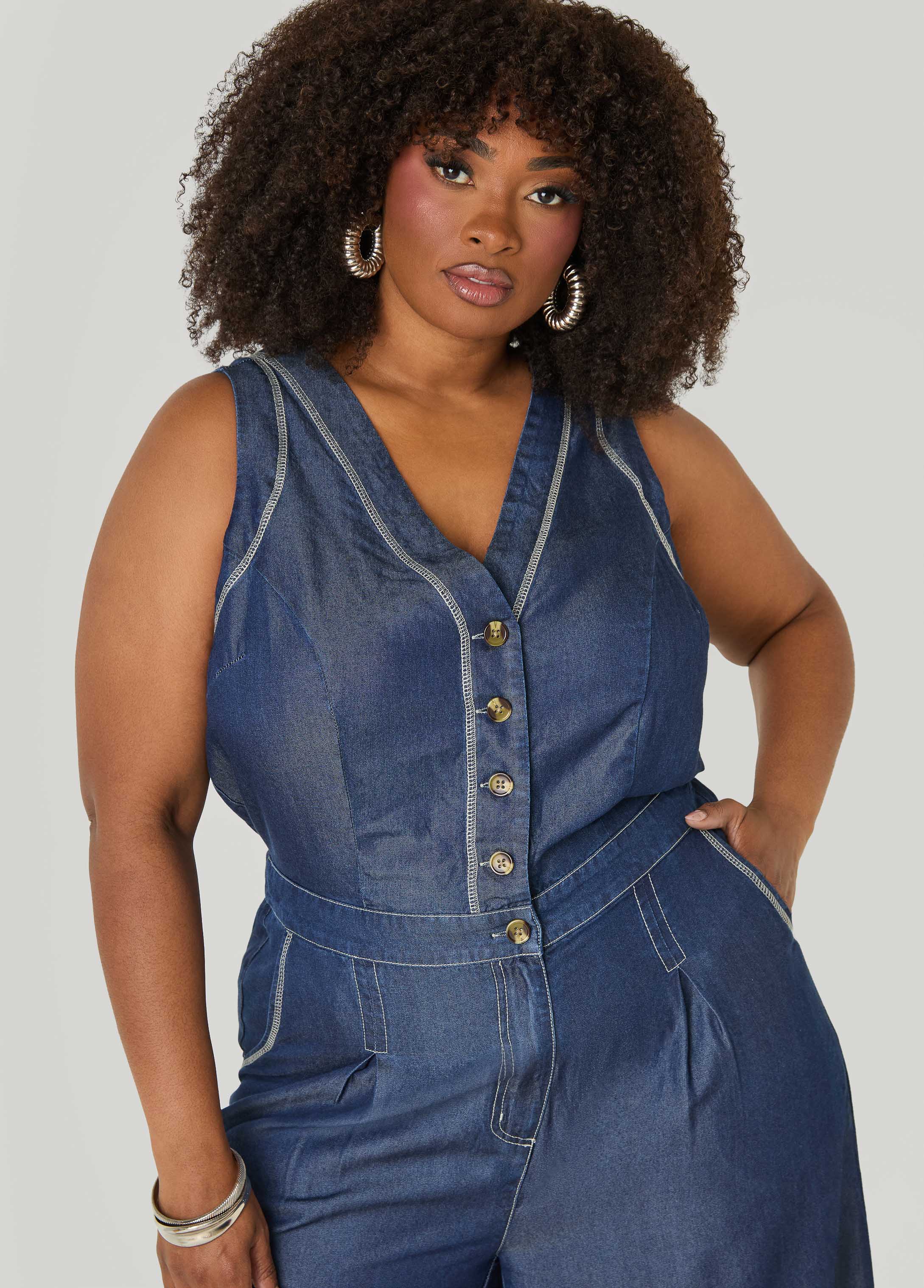 Wide Leg Chambray Jumpsuit – Ashley Stewart