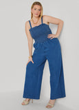 Shirred Denim Wide Leg Jumpsuit