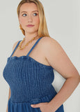 Shirred Denim Wide Leg Jumpsuit