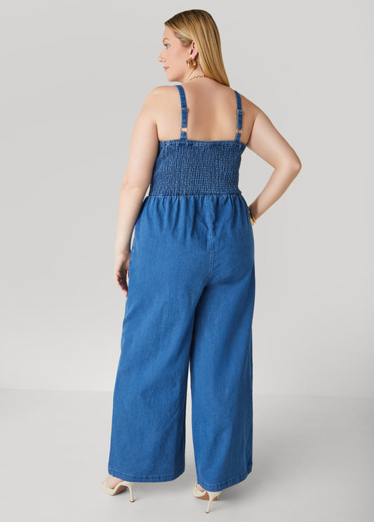 Shirred Denim Wide Leg Jumpsuit