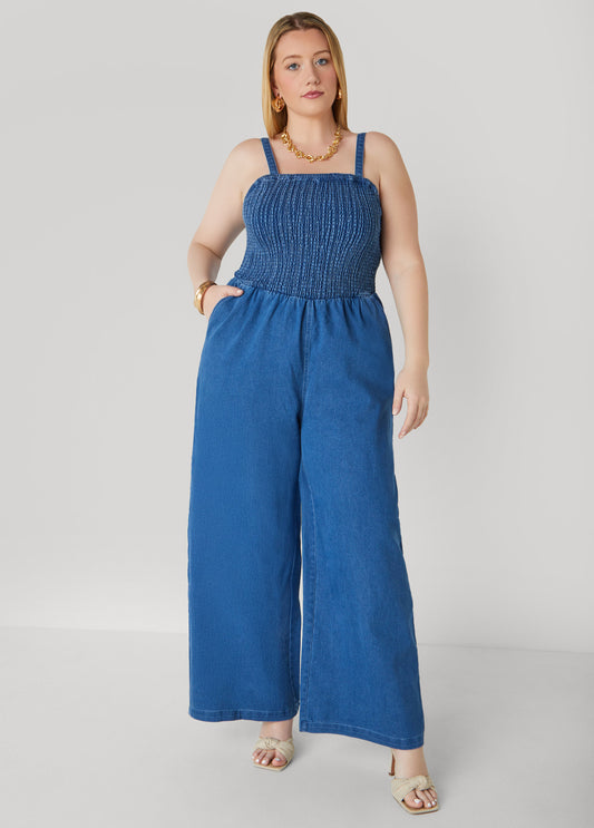 Plus Size Shirred Denim Wide Leg Jumpsuit