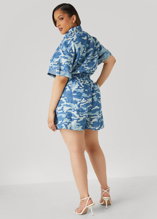 Camo Print Denim Romper