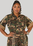 Striped Camo Print Denim Jumpsuit