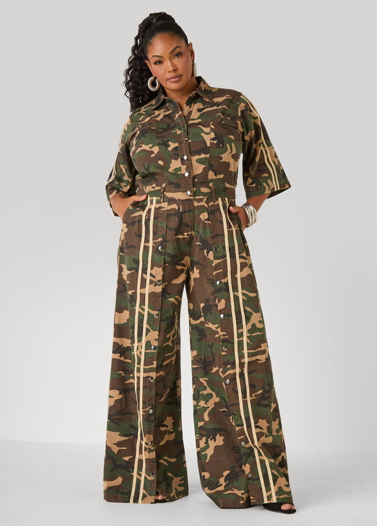 Striped Camo Print Denim Jumpsuit – Ashley Stewart