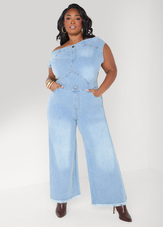 Plus Size Off The Shoulder Denim Jumpsuit