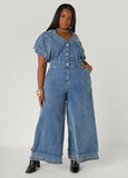 Frayed Denim Wide Leg Jumpsuit