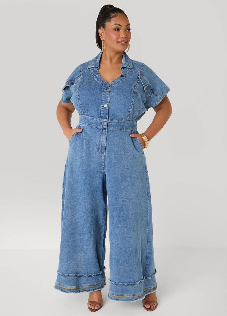 Frayed Denim Wide Leg Jumpsuit – Ashley Stewart