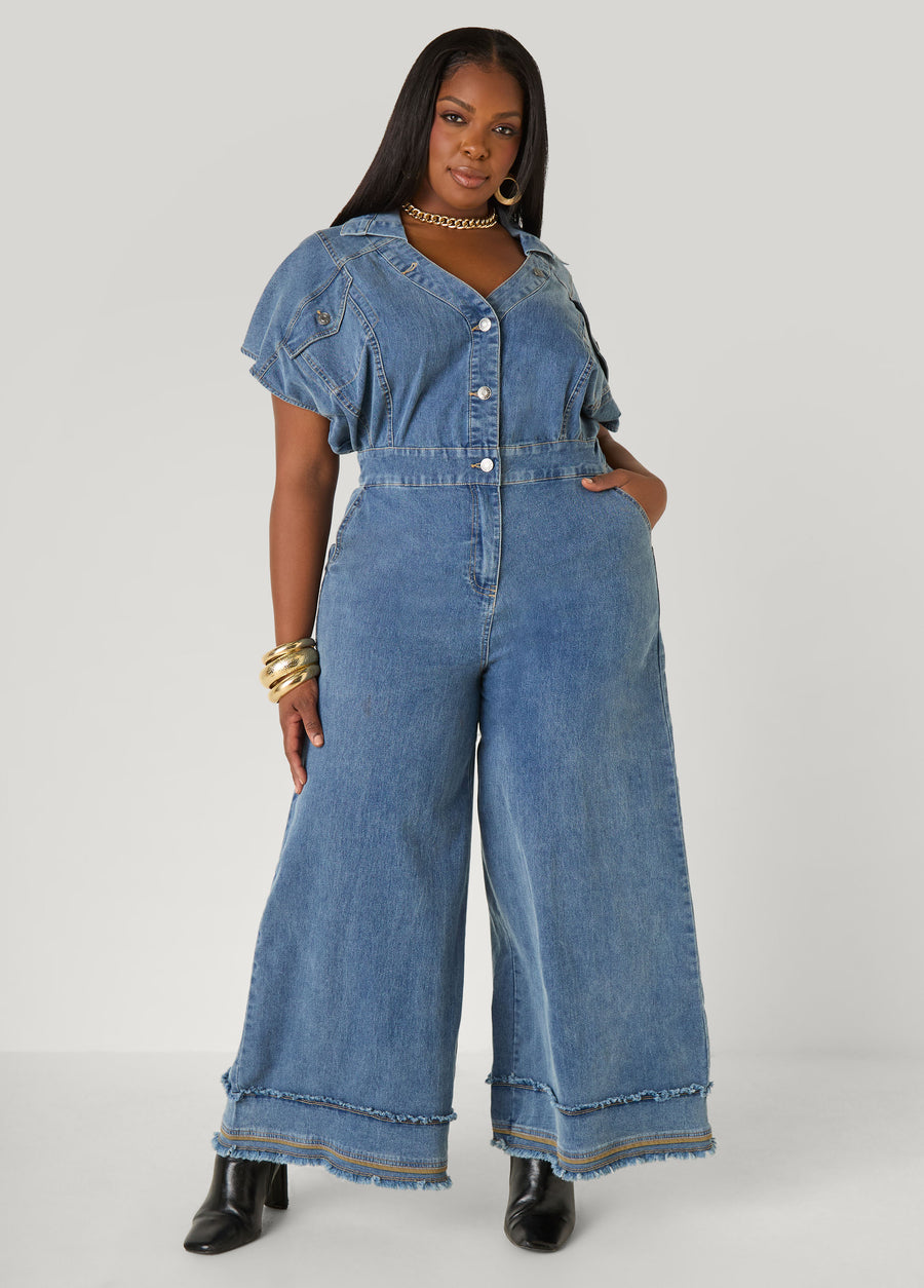 Tall Frayed Denim Wide Leg Jumpsuit