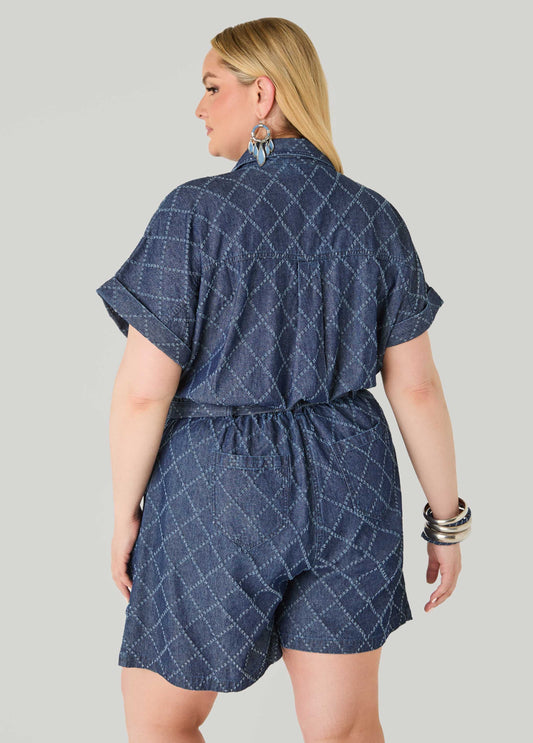 Checked Distressed Denim Romper