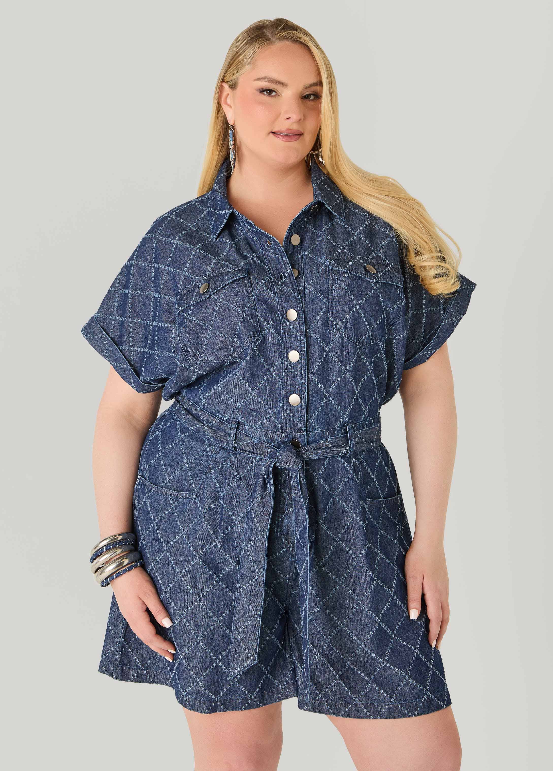 Checked Distressed Denim Romper